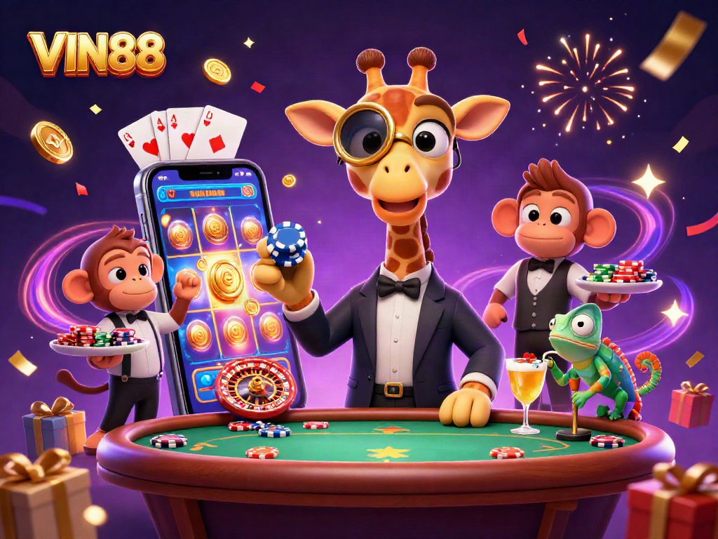 Experience the excitement of VIN88 with a high-roller giraffe in a VIP setting filled with dynamic gaming elements.