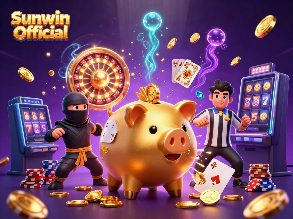 Sunwin Official illustration featuring a golden piggy bank wrestler and dynamic casino elements with vibrant energy.