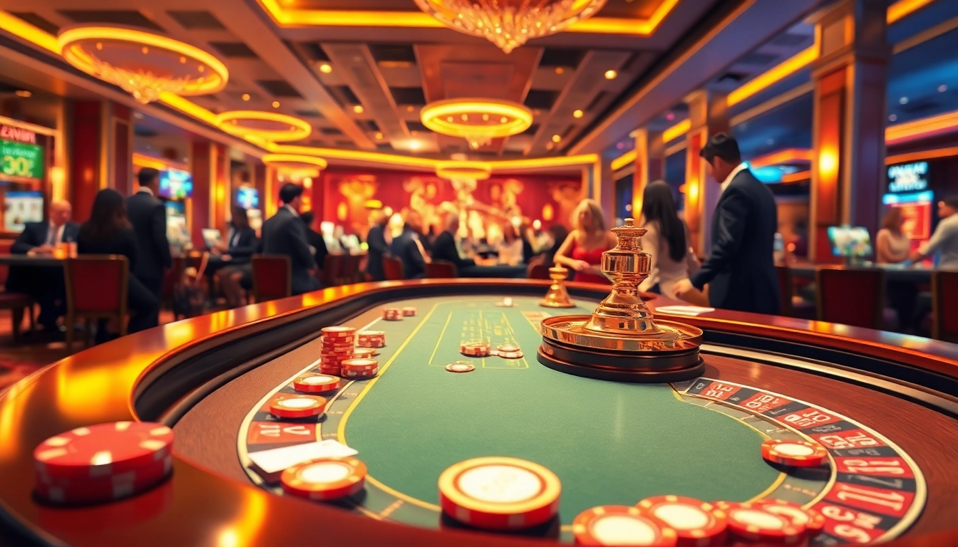 Situs toto terbaik dengan suasana kasino yang ramai dan mendebarkan di latar belakang.