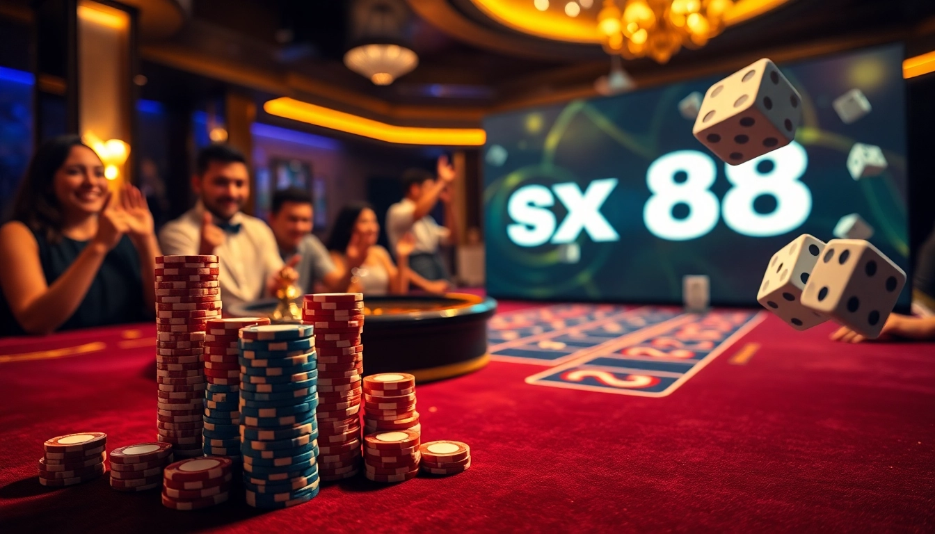 Engage with sx 88 at an exciting casino scene featuring luxury gaming equipment.