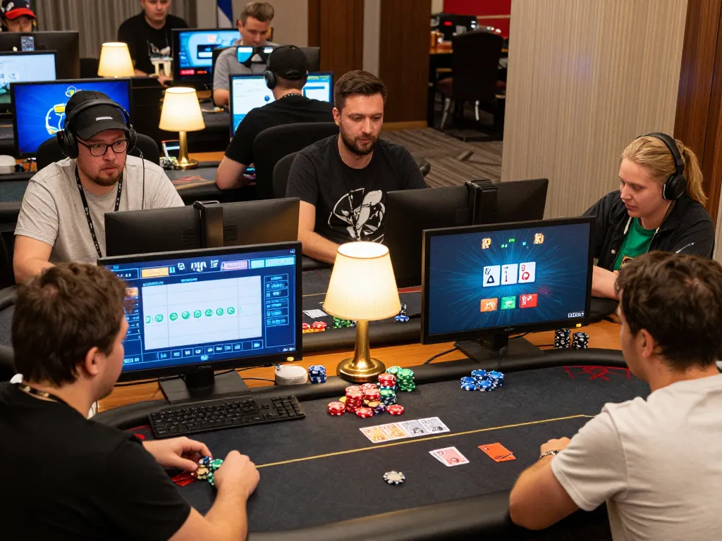 Pemain Ulat123 terlibat dalam permainan poker online yang dinamis dengan chip berwarna dan layar.