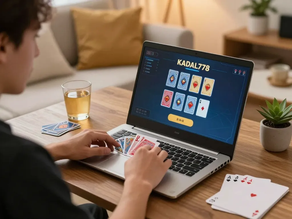 KADAL778 player strategizing during an online gaming session in a cozy home setting.