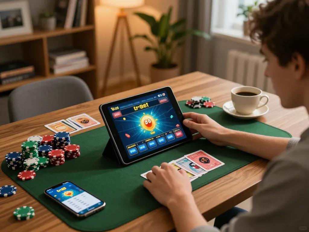 Person enjoying tr88 bet games on a tablet in a cozy home setting.