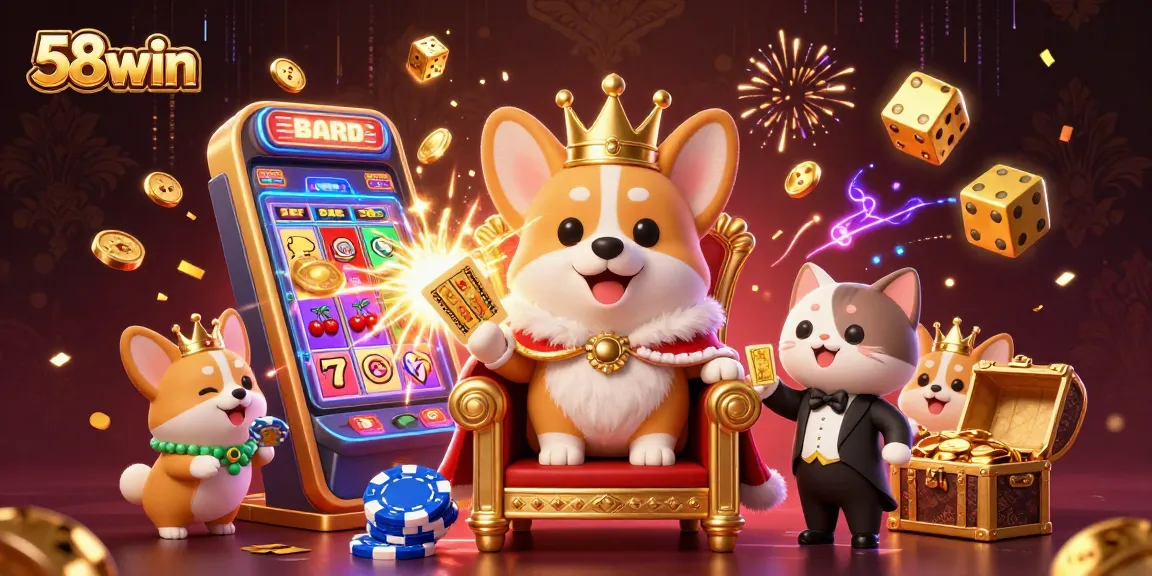 Wager exciting games at 58win, featuring a regal corgi in a poker chip throne and massive jackpot.