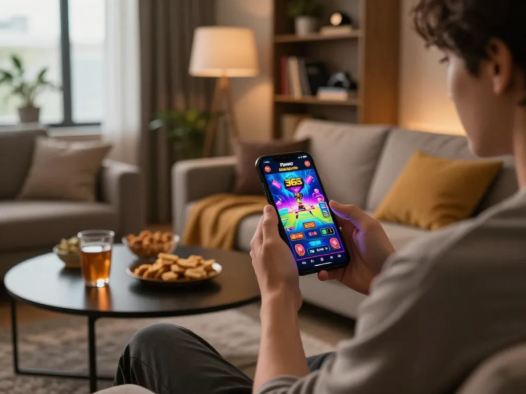 Player enjoying Pinoy 365 casino app on smartphone in a cozy living room setting, promoting responsible gambling