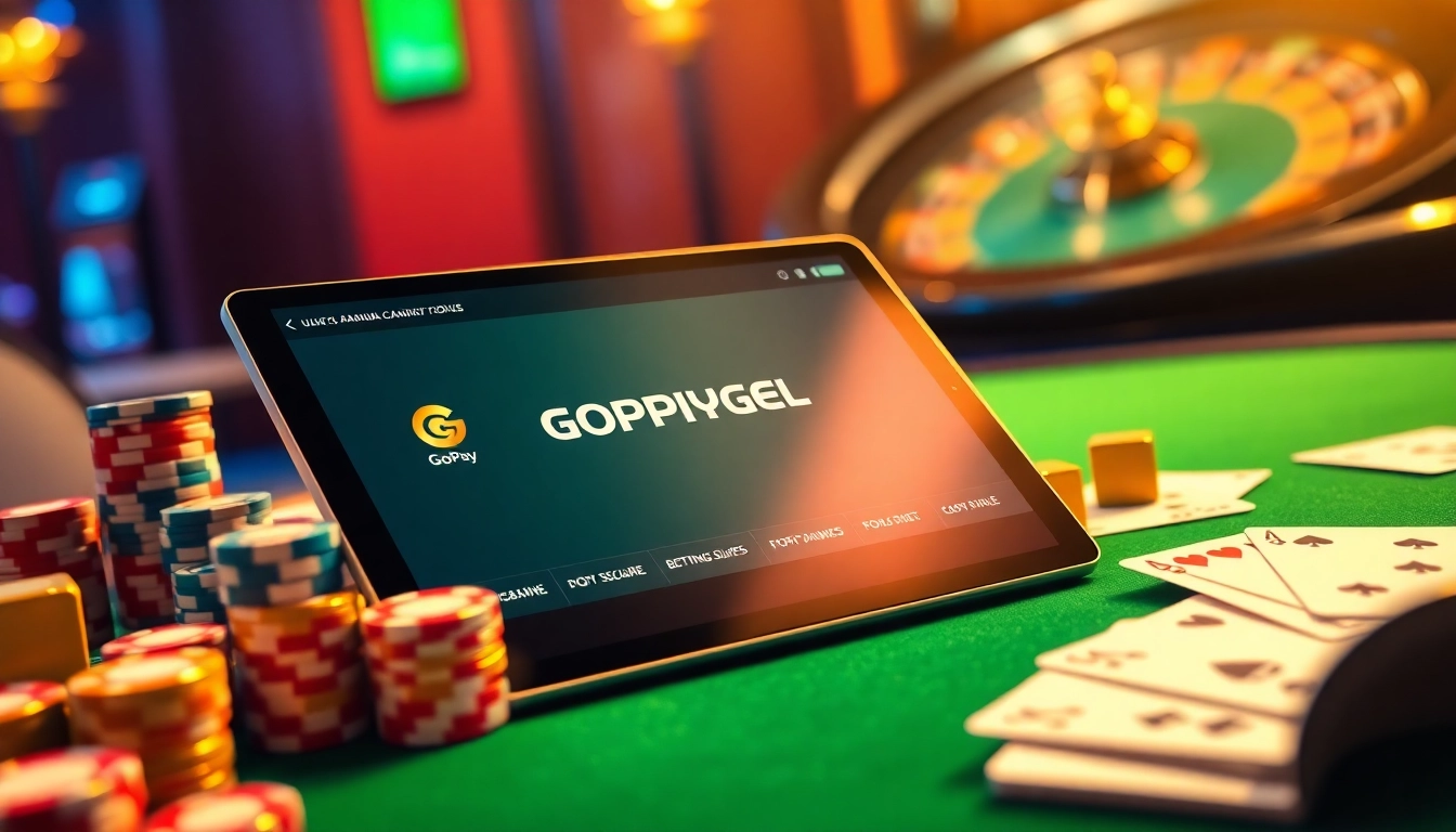 GOPAYTOGEL platform displaying fast deposits on poker chips and roulette wheel background