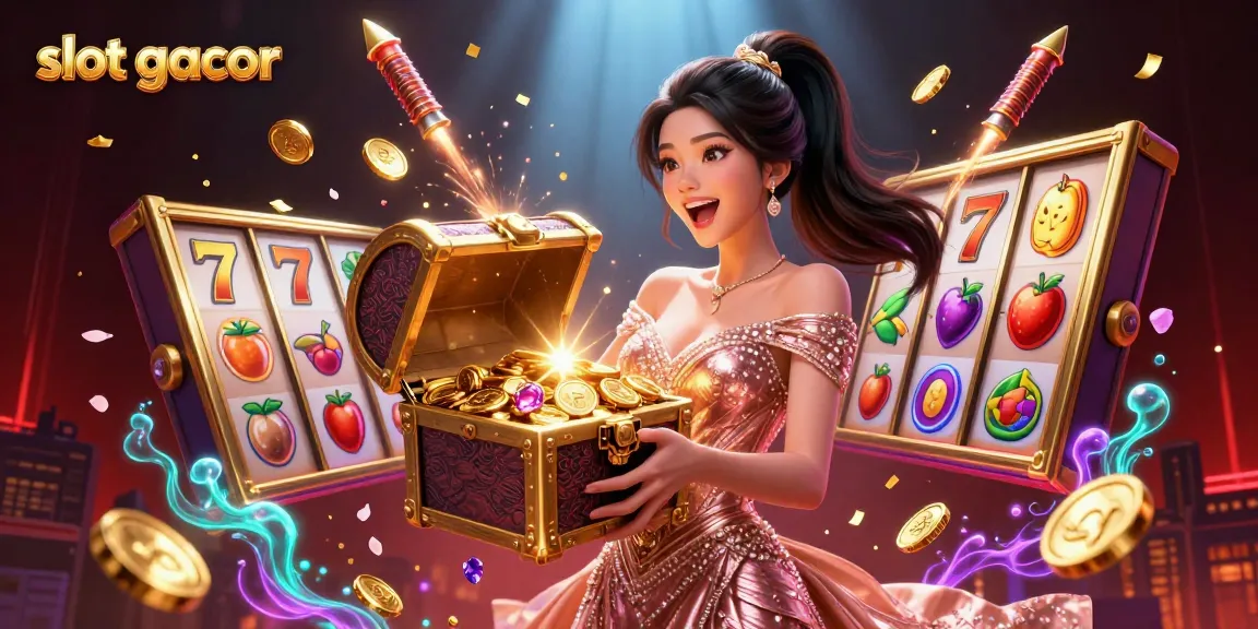 Terlibat dengan keseruan slot gacor saat seorang wanita menawan mempersembahkan peti harta penuh kemenangan
