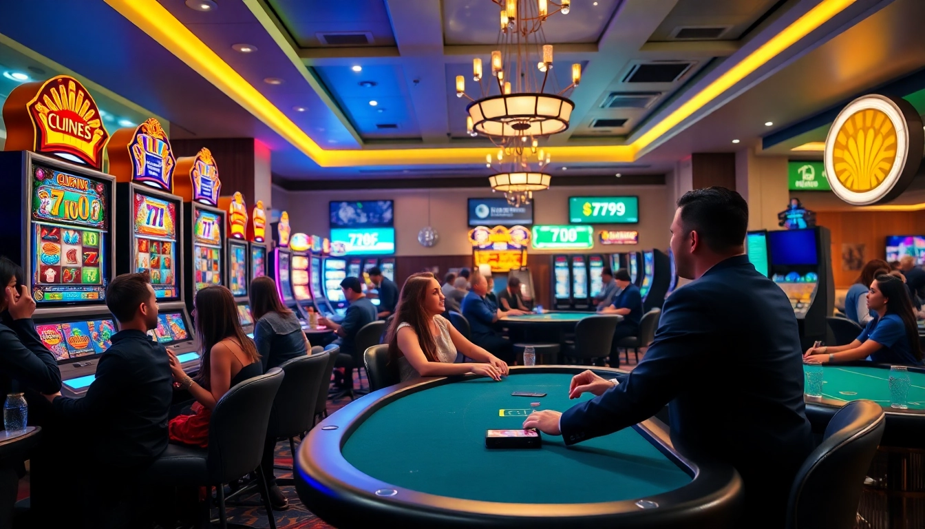 Experience the thrill of gaming at 789f with vibrant casino visuals of players and colorful machines.