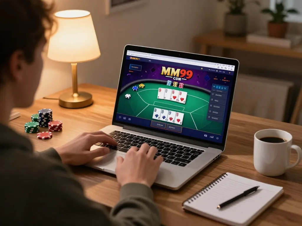 Player enjoying MM99 COM online table games on a sleek laptop in a cozy home setting.