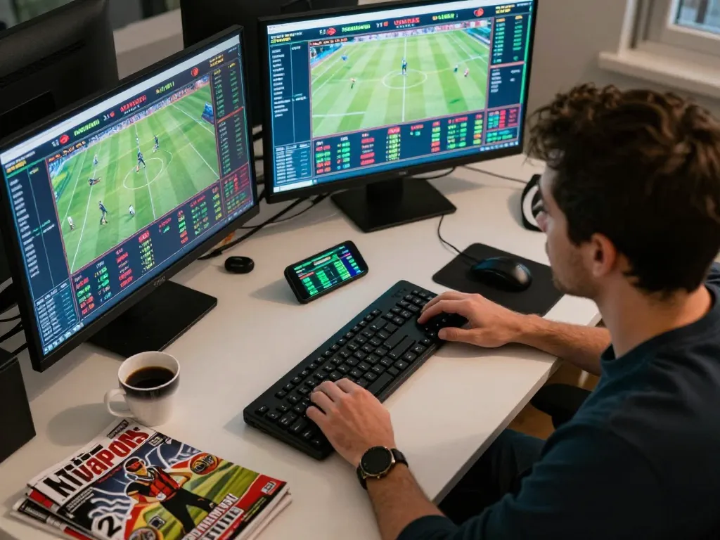 rr88 sports betting excitement captured as a person engages with multiple screens for live betting