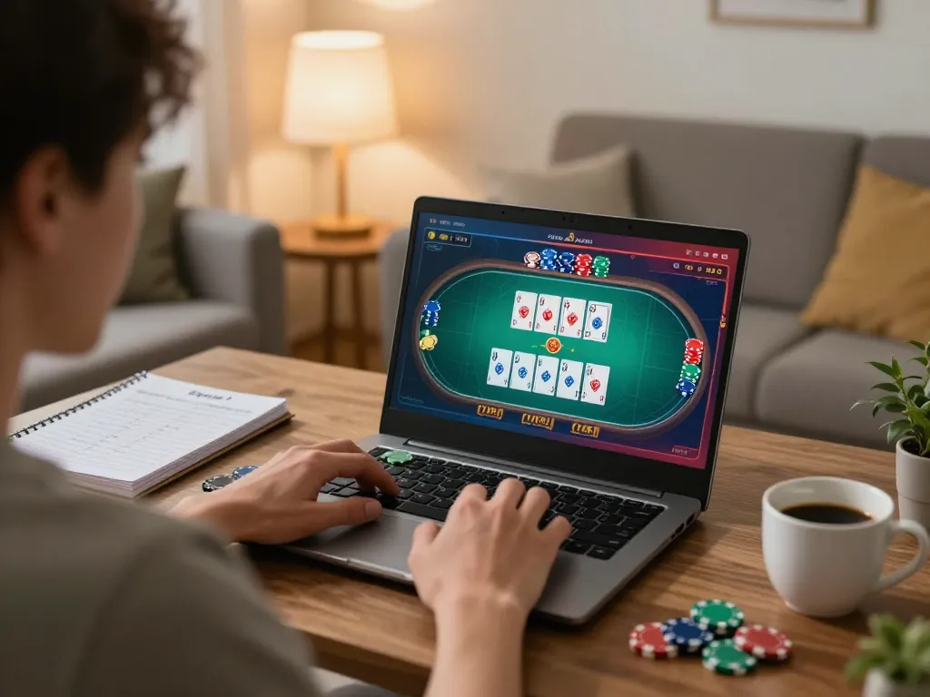 Player engaging with online gaming on w4u platform in a cozy home setting.