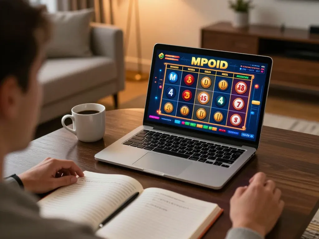 MPOID player prepares to spin the reels in a cozy home environment, emphasizing strategic online gaming.
