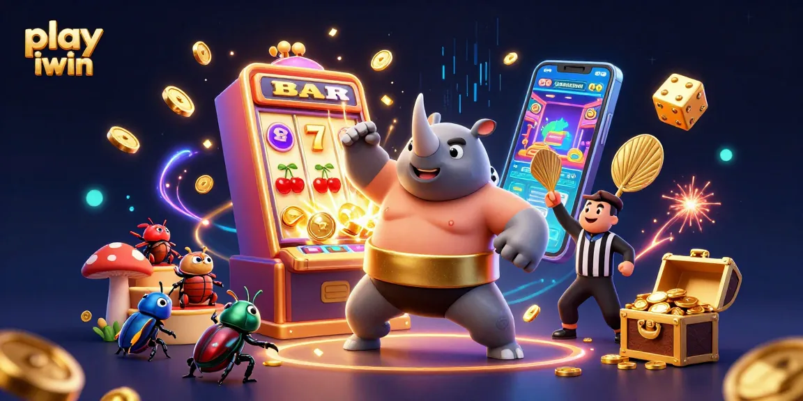 Play iwin and win big with colorful 3D casino game illustration featuring a beetle sumo champion.