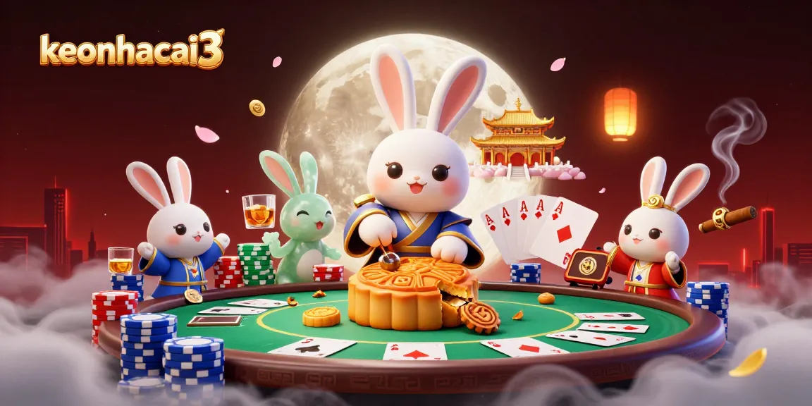 Join the moon rabbit in a thrilling keonhacai3 poker scene, revealing poker chips within mooncakes amidst a vibrant casino atmosphere.