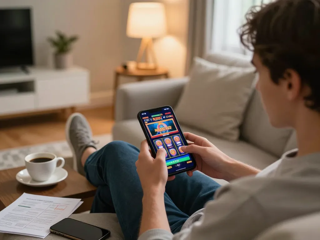 Engaging gameplay on go8 mobile app, player enjoying slots in cozy home setting