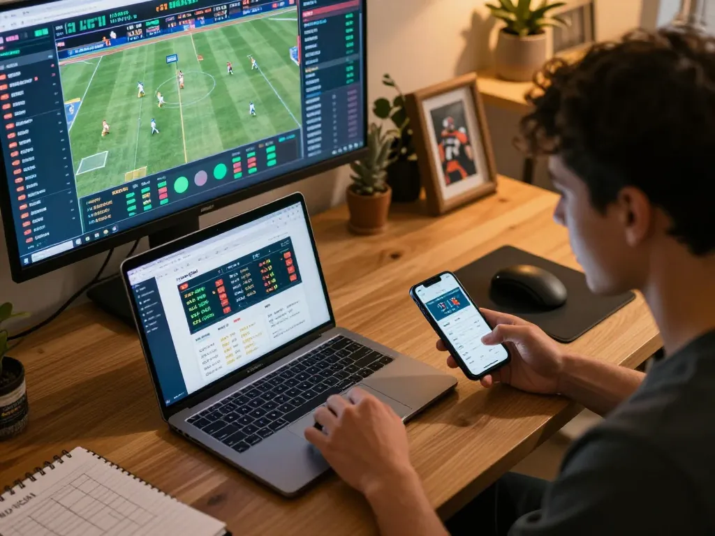 Person analyzing sports scores on Nowgoal website during a betting session, showcasing modern tech.