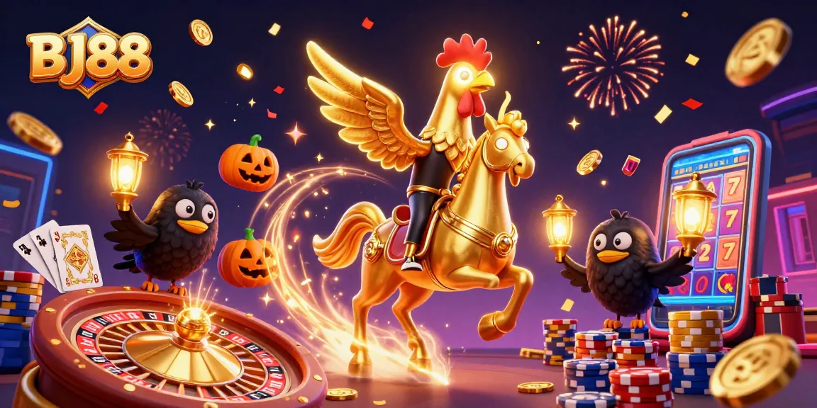 Experience thrilling adventures at BJ88, where golden coins and gems sparkle around a lively casino atmosphere.
