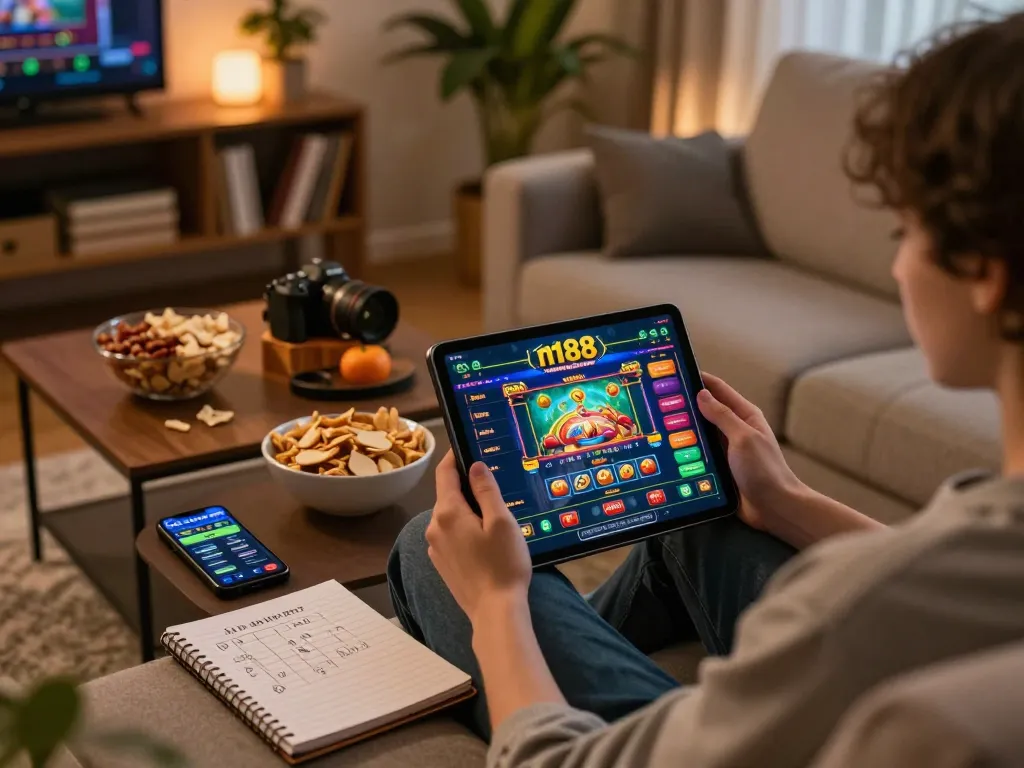 Engaging online gaming session on n188 with a player using a tablet in a cozy home.