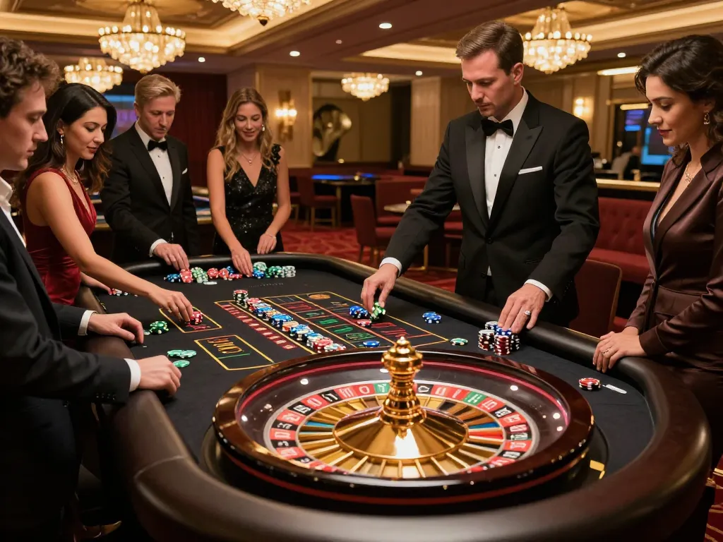 Pemain yang terlibat memasang taruhan di meja roulette HD4D dalam suasana kasino yang mewah.
