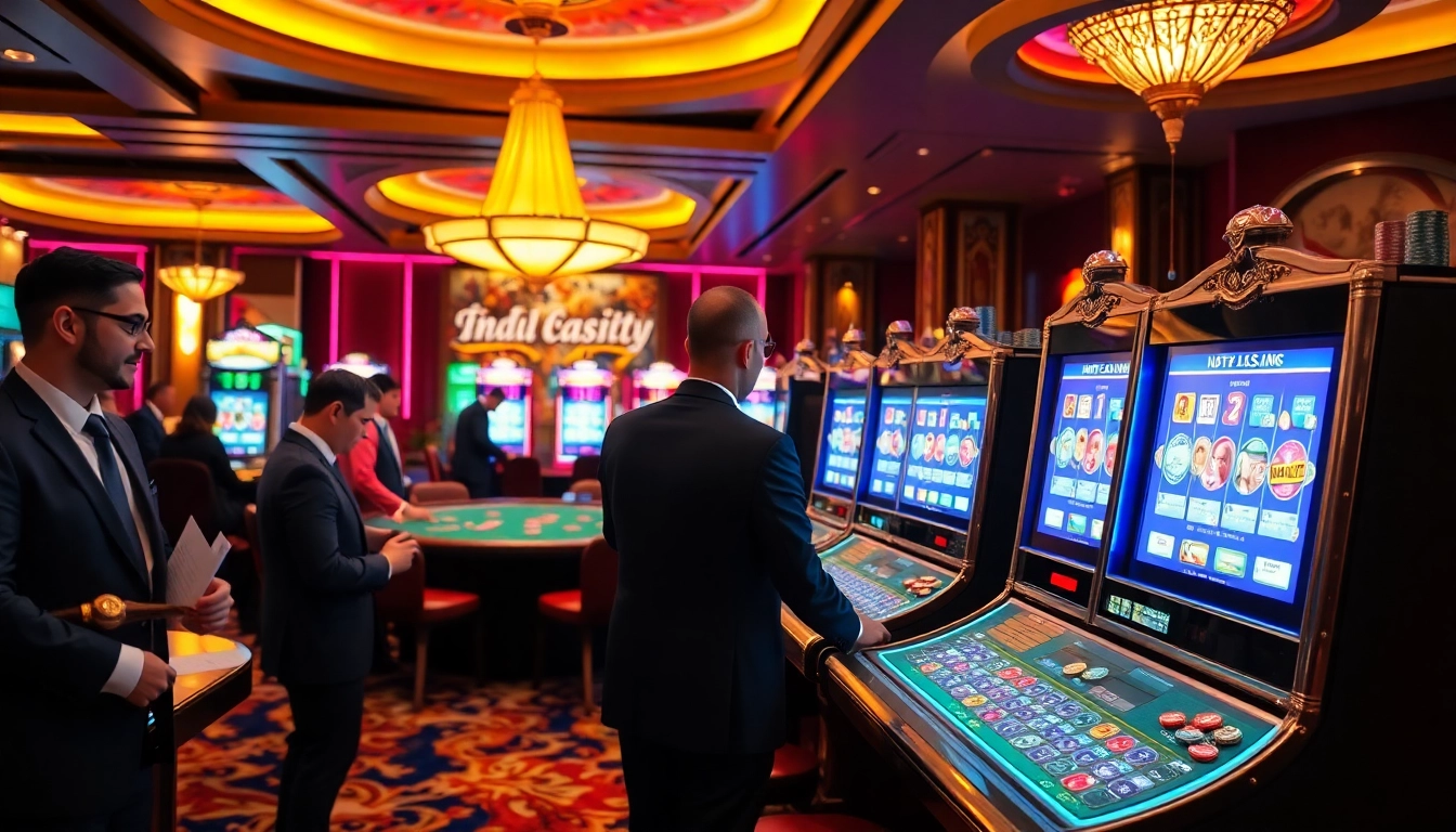 Engaging scene of players at idn slot machines in a luxurious casino setting.