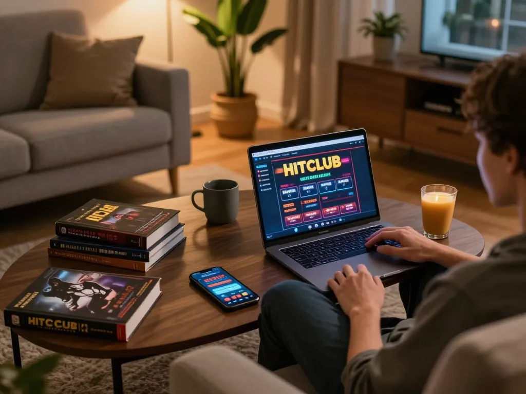 Engaging with hitclub casino online gaming interface during a cozy evening at home.