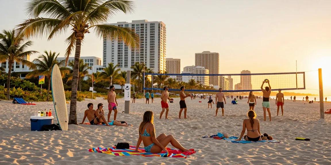 Suasana santai di pantai Miami, pengunjung menikmati matahari terbenam, bermain voli, dan bersantai di https://miami4d.com/.