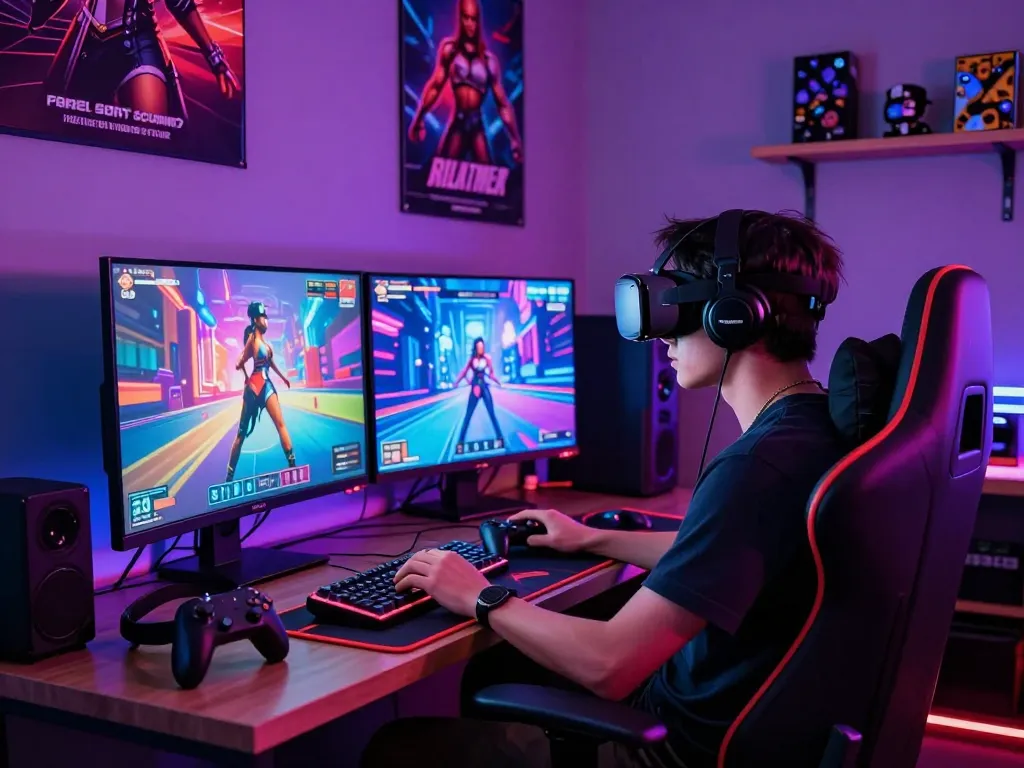 Engaged gamer playing porngames in immersive adult gaming setup with vivid neon lights.