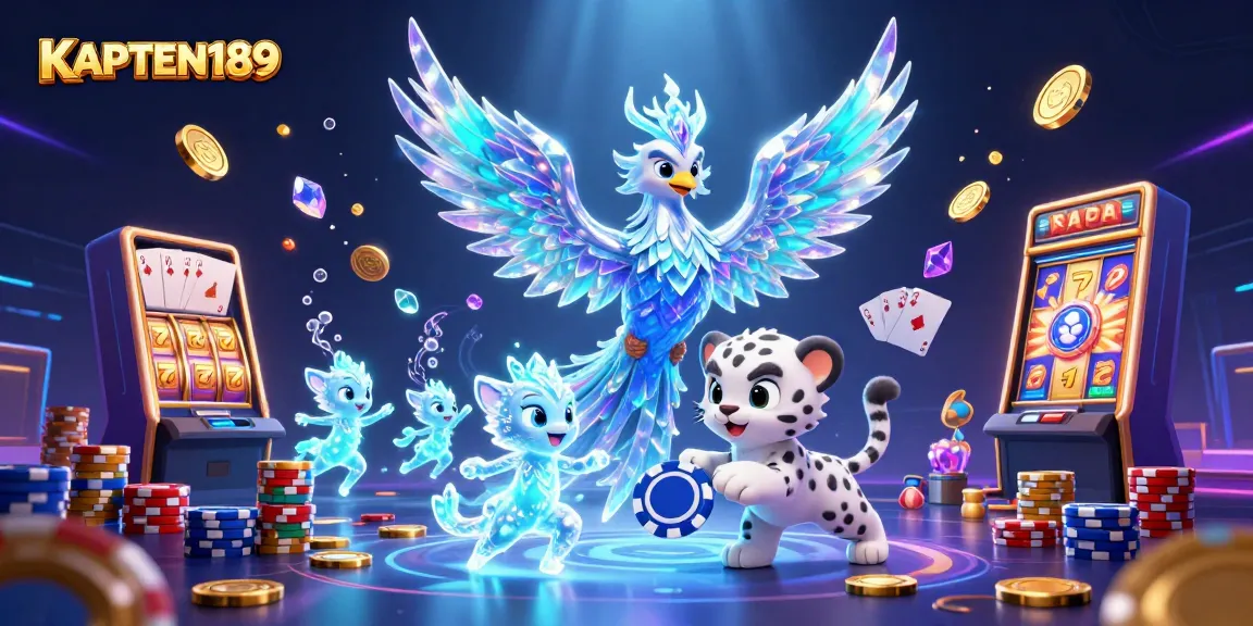 KAPTEN189 menghadirkan ilustrasi kasino yang menakjubkan dengan phoenix es, chip poker, dan koin emas berkilauan.