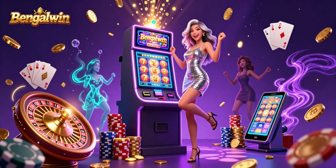 Bengalwin celebrates as players win big at the casino with vibrant slot machines and exciting game elements.