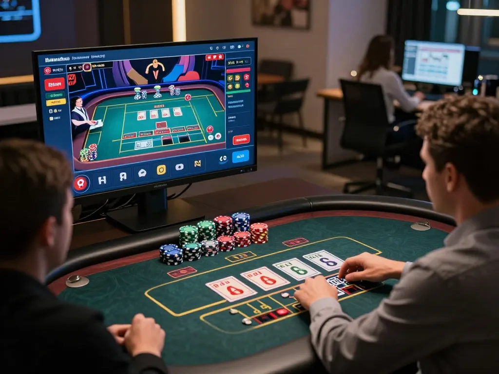 Engaged player enjoying 88vv live dealer game on a stylish home office setup, showcasing modern gambling technology