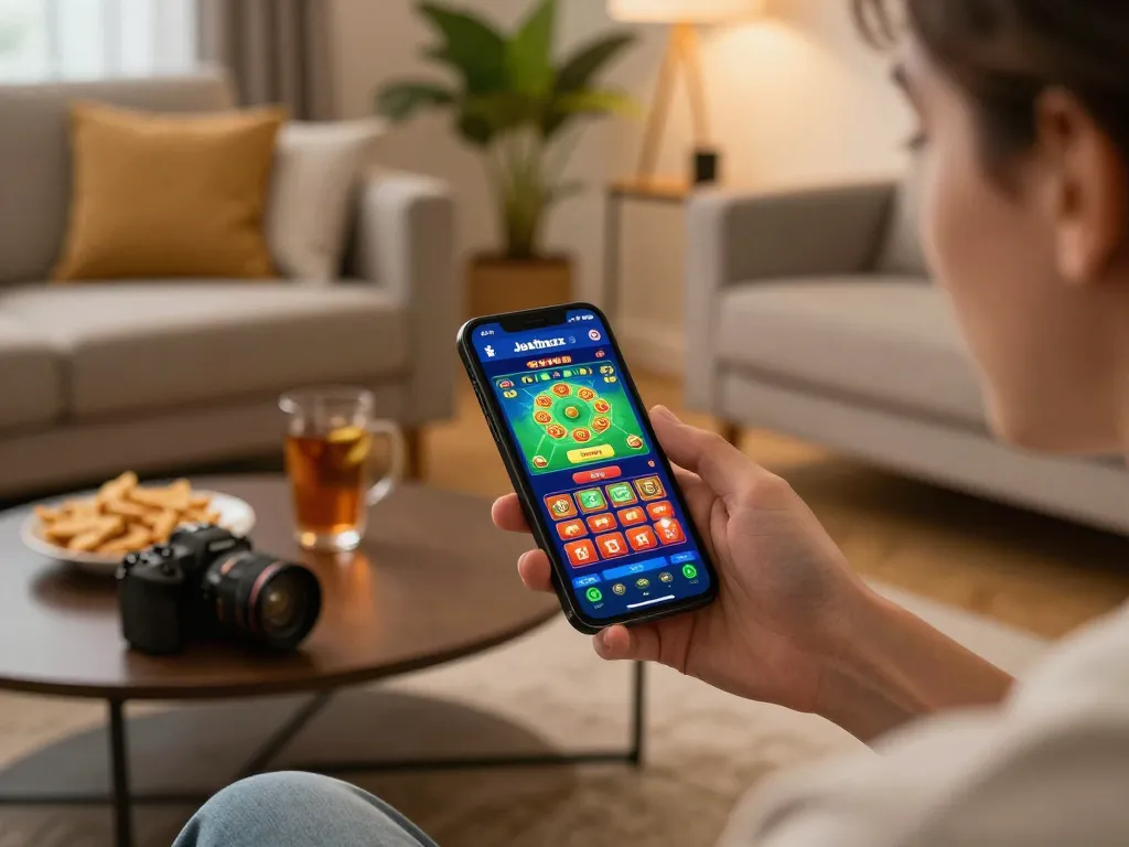 Using the Jeetbuzz Download App for mobile gambling in a cozy home setting, showcasing vibrant game graphics.