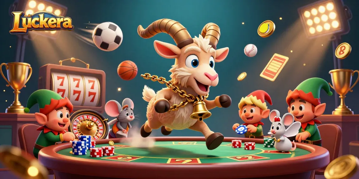Luckera's vibrant casino scene with Krampus goat, angel mouse, and elf gremlins amidst lively gaming elements.