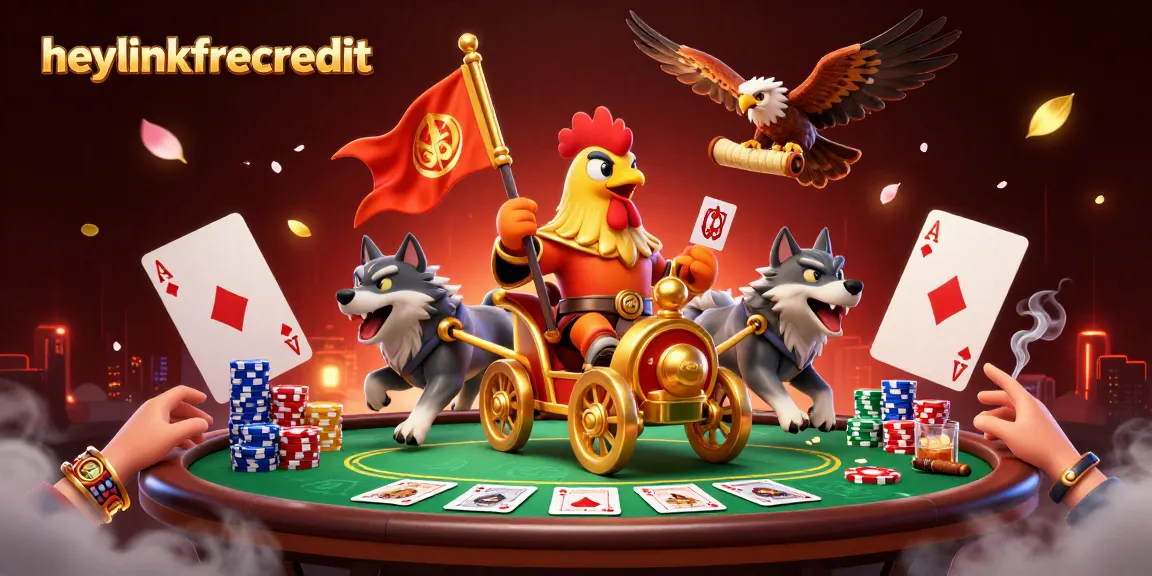 Experience heylinkfreecredit with a 3D illustration of a rooster warlord and poker elements.