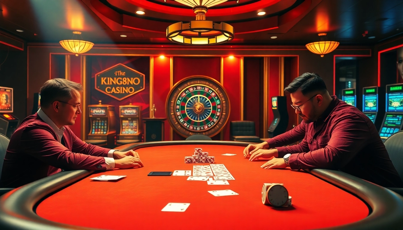 High-stakes poker game at king88b.us.com with vibrant casino elements and luxurious ambiance.