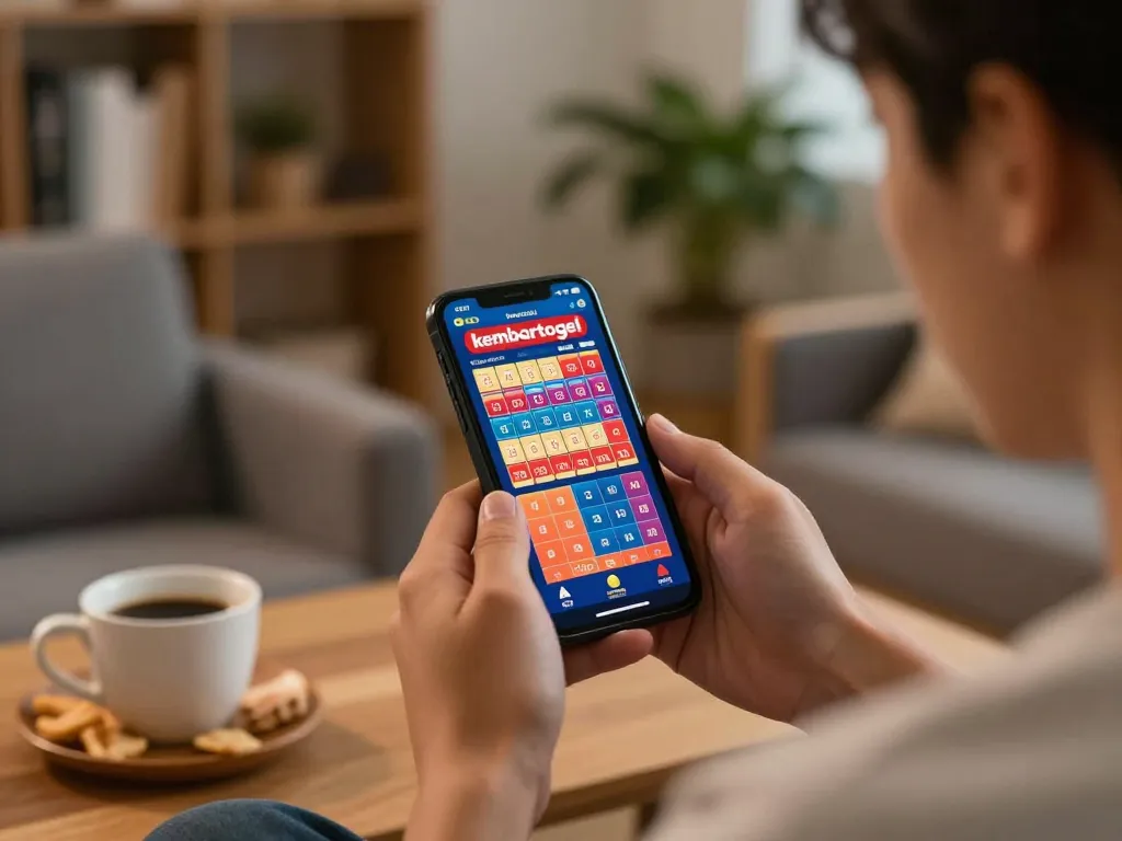 Kembartogel player engaged with mobile betting interface in a cozy home environment.