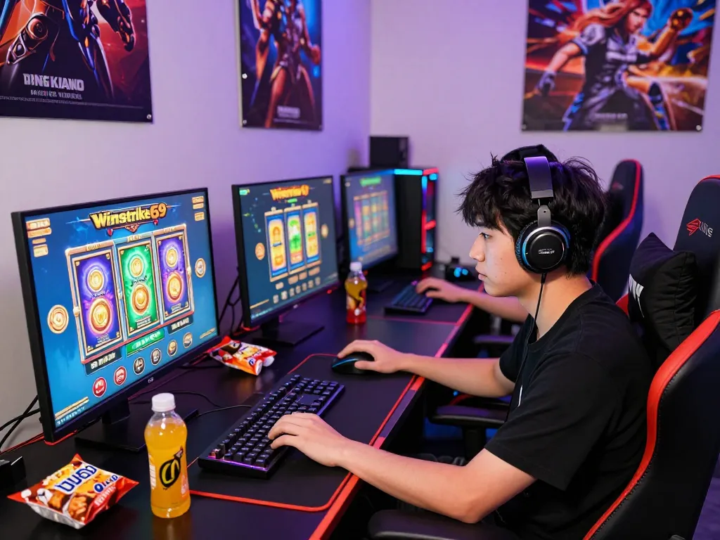 Intense focus on Winstrike69 gaming experience with vibrant screens and modern setup