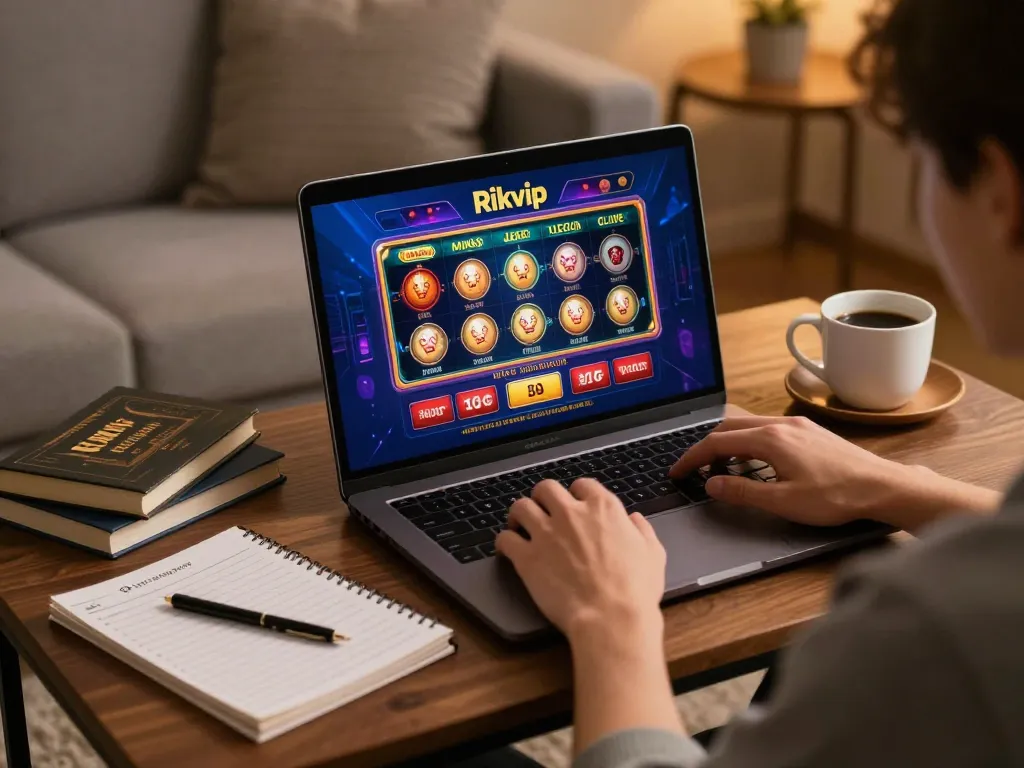 Playing casino games on rikvip through a laptop in a cozy home setting.