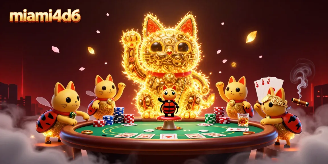 Experience the excitement of miami4d6 with vibrant casino elements and a lucky cat symbol.