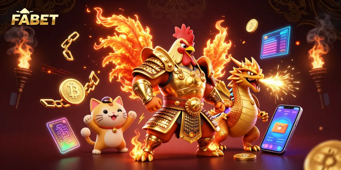 Engage with FABET's animated scene featuring a rooster warrior, dragon, and crypto symbols.