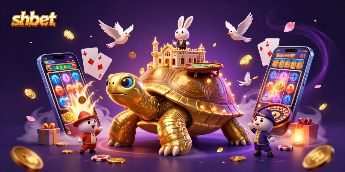 Win big with shbet at this colorful, dynamic casino scene featuring a golden tortoise and rabbit dealer.