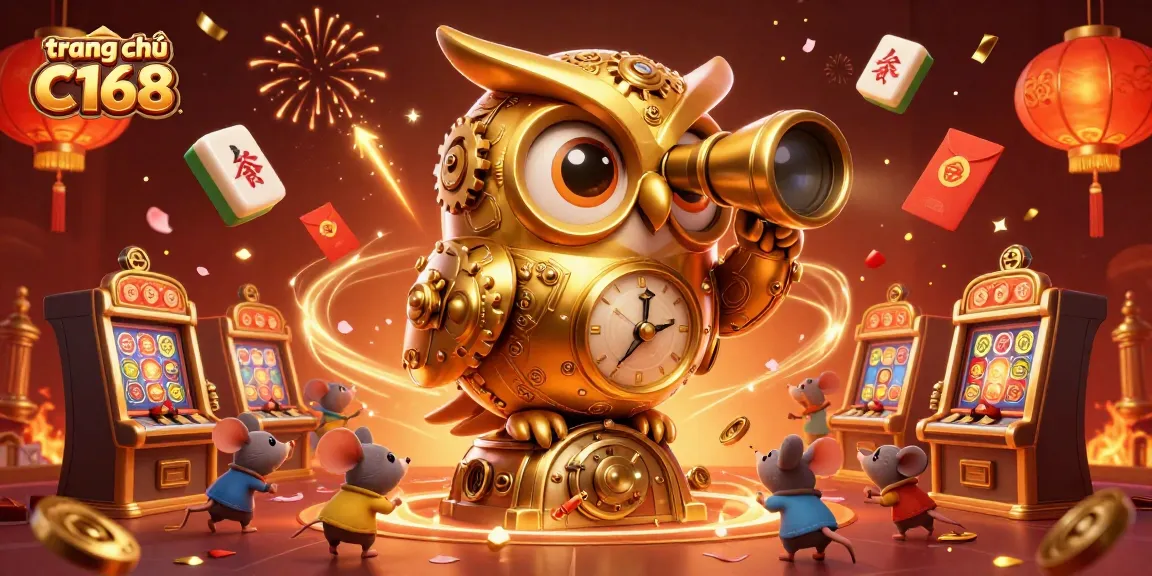 Experience the excitement of trang chủ C168 with a vibrant casino scene featuring a golden owl and animated patrons.