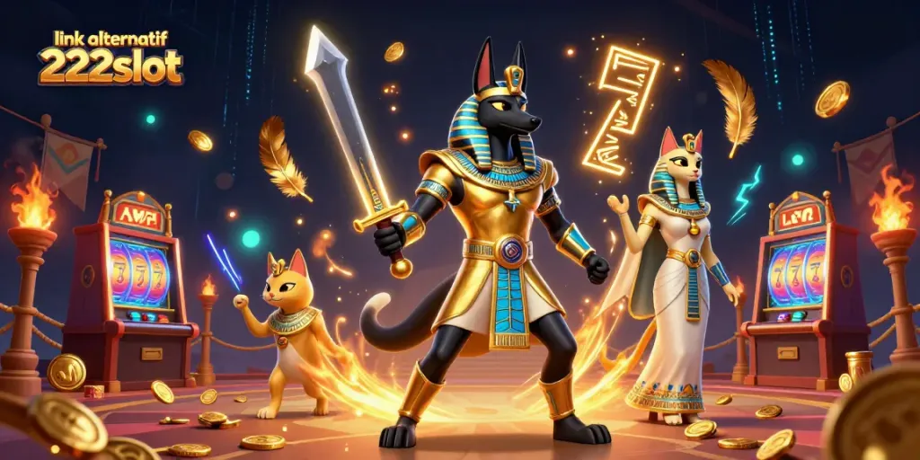 Menangkan permainan di link alternatif 222slot dengan ilustrasi Anubis dan Bastet di kasino.