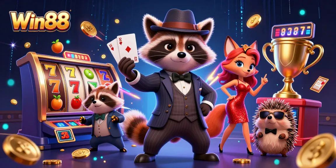 Win88 showcases a charming raccoon and fox duo amidst an exciting slot game atmosphere.