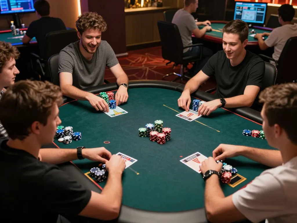 Engaged players enjoy high-stakes action at nhà cái uu88's online poker table with colorful chips and intense gameplay.