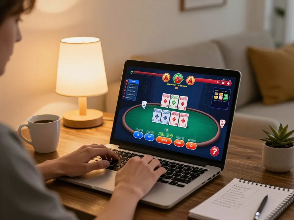 Engaging with kuwin's online poker using a laptop in a cozy home setting.