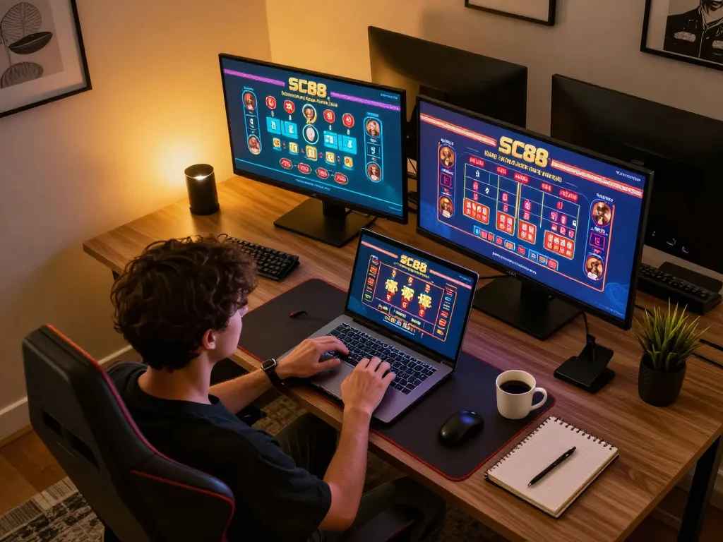 Engaging in SC88 live casino from a contemporary home setup with multiple screens displaying games