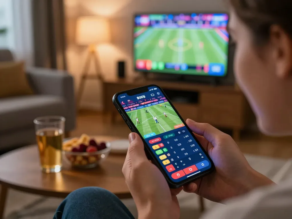 Excited user engaging with trangcacuocbongda sports betting app on smartphone during live match.