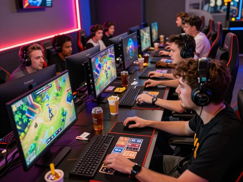 HOKI288 gaming players at competitive online game session featuring vibrant LED lights and sleek setups, enhancing the excitement for https://burtonsbamboogarden.com/biop/.