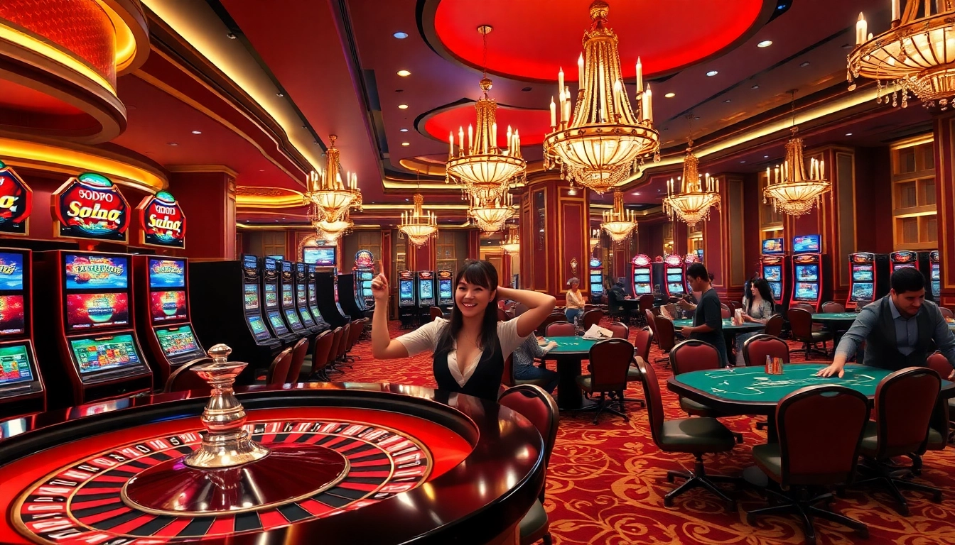 SODO casino players celebrating their wins at roulette and poker tables in an upscale environment.