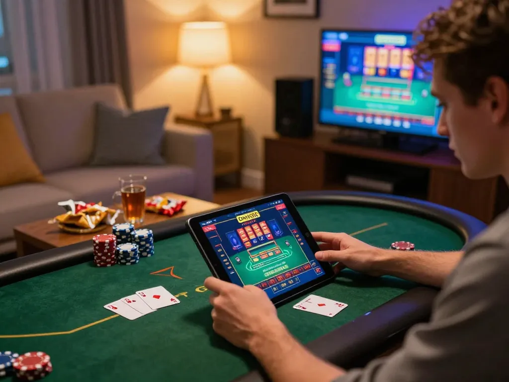 Engaged player enjoying open888 online gaming experience on a tablet in a cozy home setting.